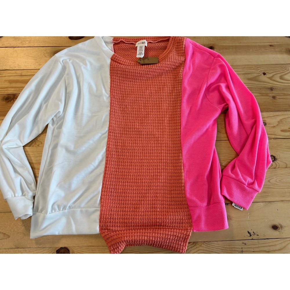 BiBi Colorblock‎ Waffle Knit Top Neon Pink Coral White Long Sleeve M